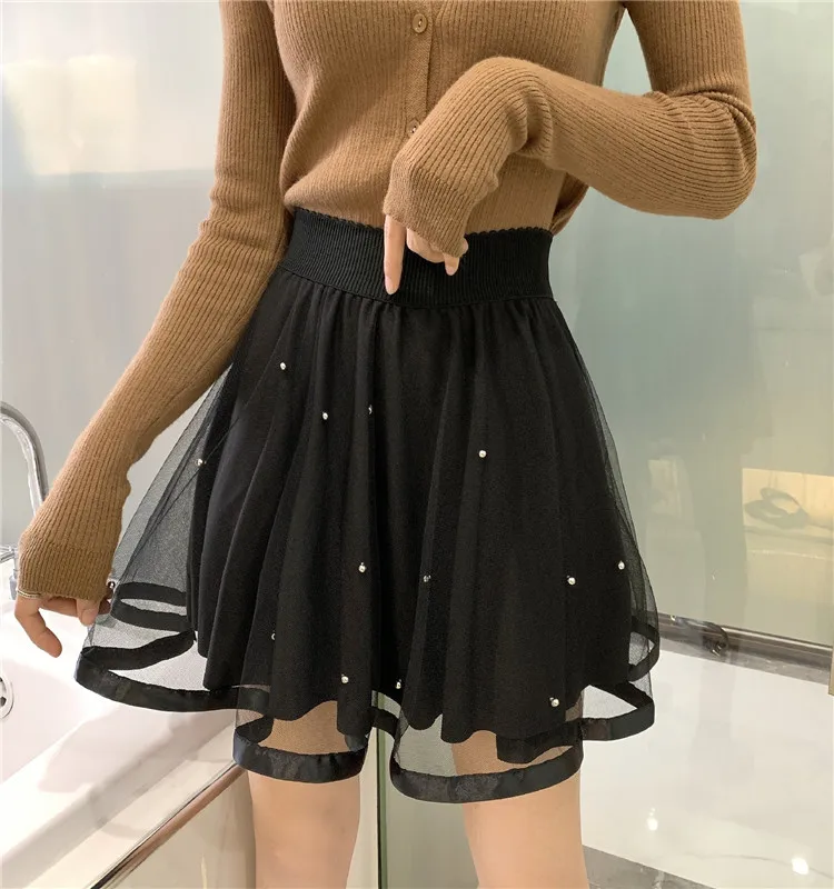 Готический пикантные черные сапоги кружево органза бисер жемчуг Высокая талия плиссированные мини-юбка-пачка Лето Лолита для женщин короткие МО