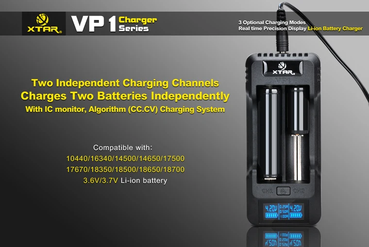 Xtar VP1 Батарея Зарядное устройство (с ЖК дисплей Дисплей) для батарей Li Ion (литий