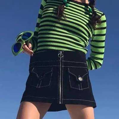 2018 Harajuku Punk Long Sleeve Striped Crop Sweater Green Yellow Slim Knit Sweater Sweaters