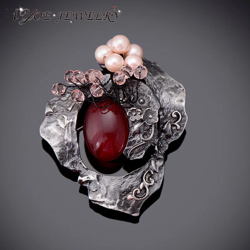 

IYOE Retro Style Antique Metal Flower Brooches For Women New Fashion Vintage Natural Stone Brooch Pins Boho Jewelry Dual-use
