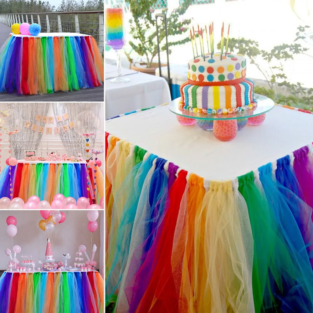 Rainbow Color Table Skirt Tableware Cloth Wedding Tutu Tulle Table