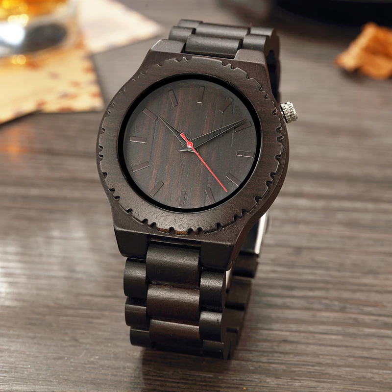 

Unique Full Black Wood Watches For Male With Gear Shape Wooden Case Analog Quartz Wood Bamboo Wristwatch Mens