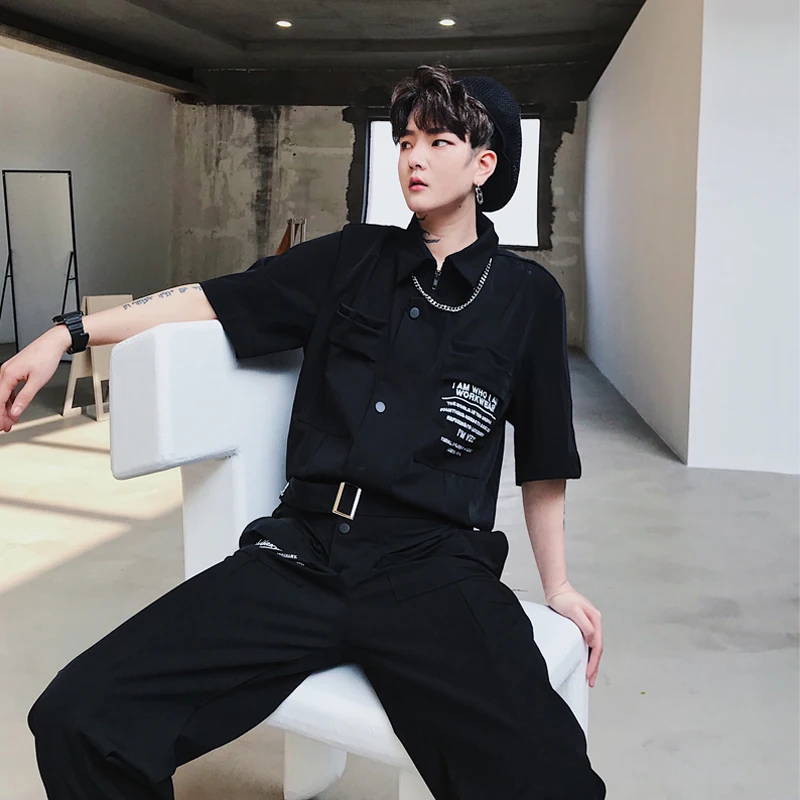

Male Summer Short Sleeve Thin Slim Fit Casual Jumpsuits Cargo Trousers Men Streetwear Hip Hop Style Black Harem Overalls Pants