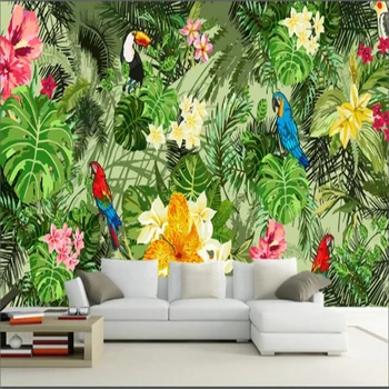 

beibehang mural wall papers home decor Custom wall sticker mural parrot tropical forest tropical plant wallpaper for kids room