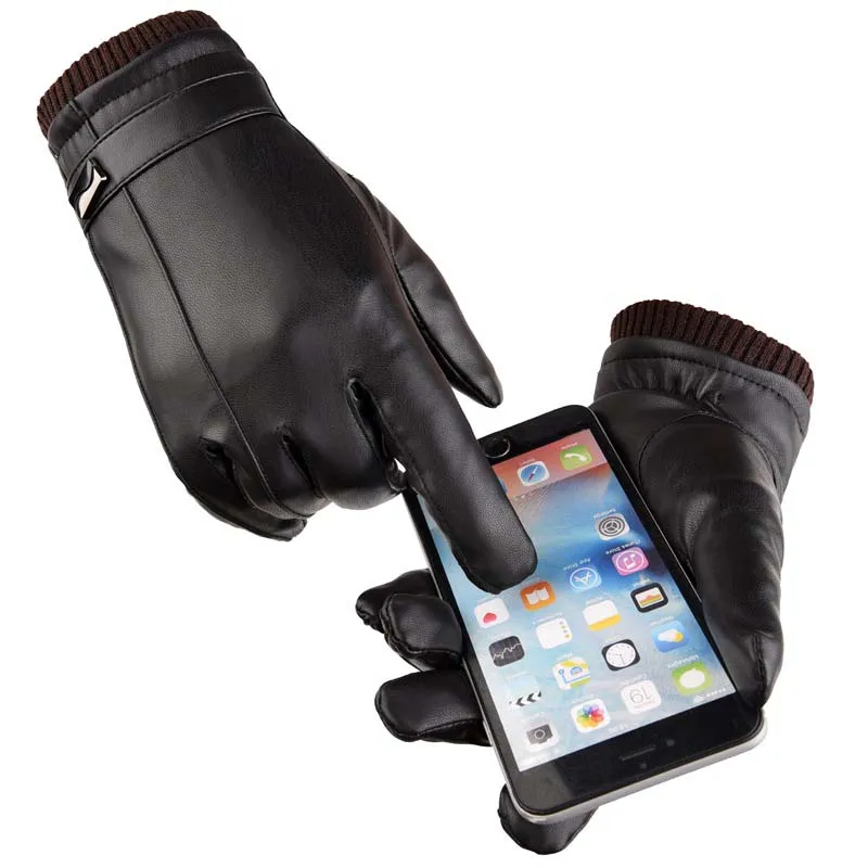 

Leather gloves male touch screen washed leather plus velvet thick warm driving gloves