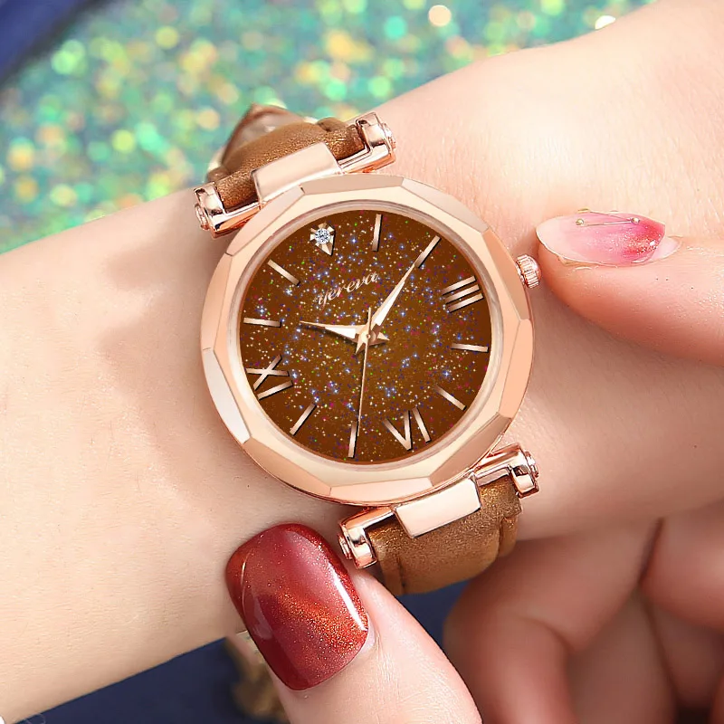 

Women Casual Quartz Watch Round Star Dial Wrist Watch with Perforated Frosted Strap @M23