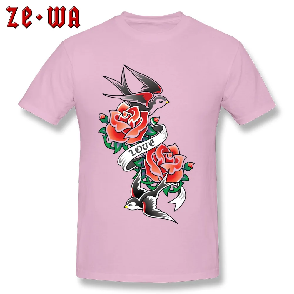 old school tattoo rose swallow Cheap 3D Printed T-shirts O Neck 100% Cotton Tops Shirts for Men Tops Tees Summer/Autumn old school tattoo rose swallow pink