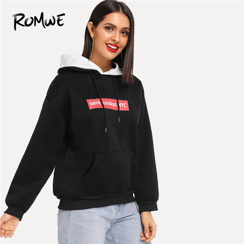  ROMWE Letter Print Kangaroo Pocket Drawstring Hoodie Black Women Sweatshirts 2019 Spring Autumn Lon