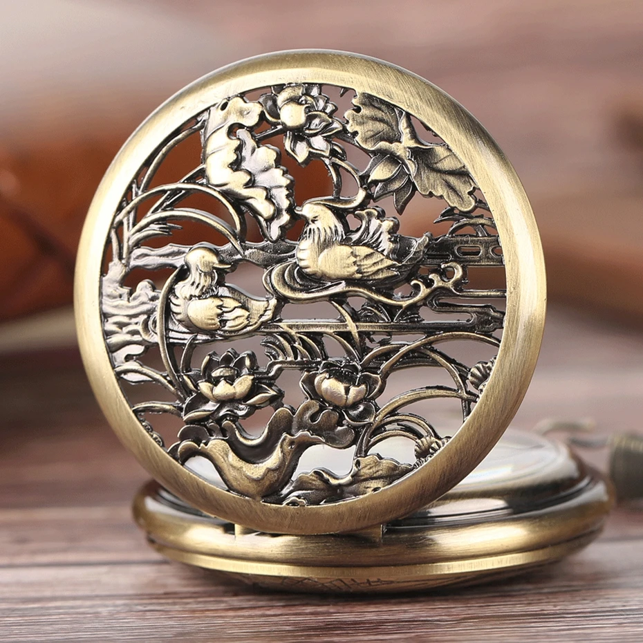 Vintage Automatic Mechanical Carving Mandarin Duck Luxury Pocket Watch Trendy Unisex Gifts Bronze Pendant Chain Free Shipping (11)