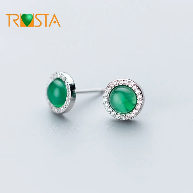 

Trusta 100% 925 Real Sterling Silver Jewelry Tiny 9mmX9mm Round Green With CZ Stud Earrings Gift For Girls Friend Kid Lady XY665