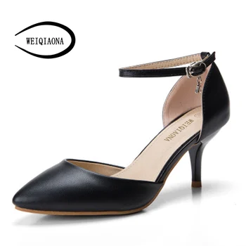 

WEIQIAONA New Women pumps sexy elegant pointed shallow thin heels Ankle strap high heels Ladies working shoes Dress shoes