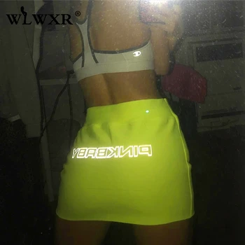 

WLWXR Streetwear Sexy Club Mini Skirts Womens Reflective Letter Print High Waist Bodycon Skirt Female Summer Short Pencil Skirt