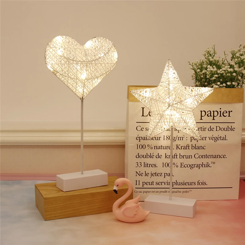  Night Light Creative LED Heart Star Tree Shape Grass Rattan Woven Battery Power Table Night Lamp Gi - 32952169412