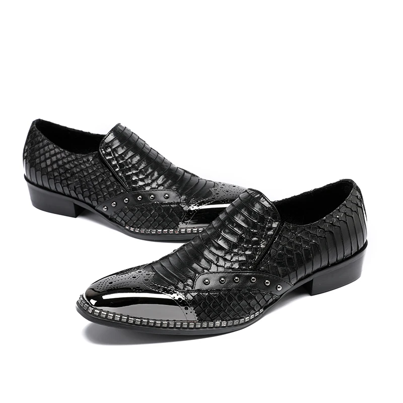 Mens Patent Leather Black Shoes Low Heels Snake Skin Steel Toe