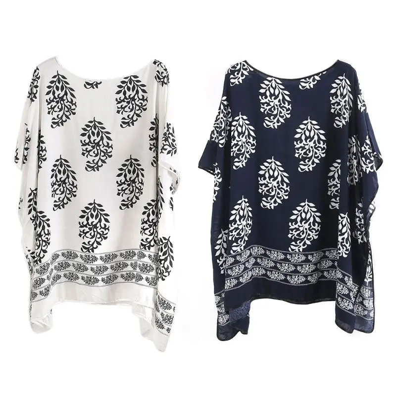

Women Summer Half Sleeves Swimsuit Cover Up Mini Dress Ethnic Vintage Leaves Graphic Pattern Pullover Kimono Tops Oversized Loos