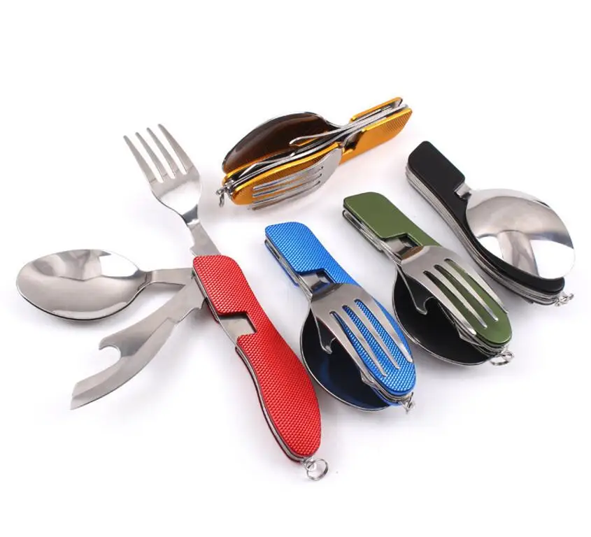 Juego de utensilios de cocina para acampar al aire libre multifunción de Picnic de acero inoxidable 4 en 1 cuchara plegable cuchillo y tenedor abrebotellas