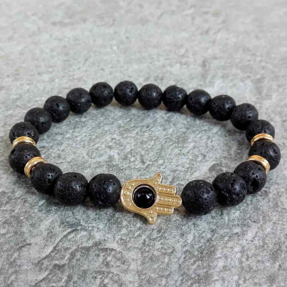 Nature 8mm Black Lava Energy Stone Beads Bracelet Gold Color Hamsa Nature 8mm Black Lava Energy Stone Beads Bracelet Gold Color Hamsa Hand Charm Yoga Mala Bracelets In Strand From Jewelry Accessories On