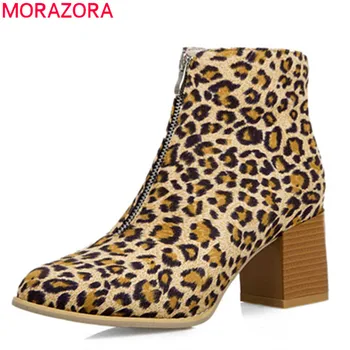 

MORAZORA 2019 new arrival women ankle boots flock Leopard round toe zip autumn boots comfortable fashion high heels shoes woman