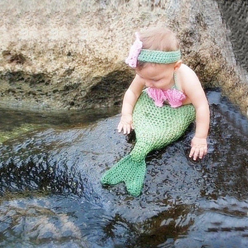 Bebe Fille Costume De Sirene Nouveau Ne Crochet Tenues Queue De Poisson Ensemble De Vetements A105 Fleur Bandeau Vert Fille Barboteuse Aliexpress