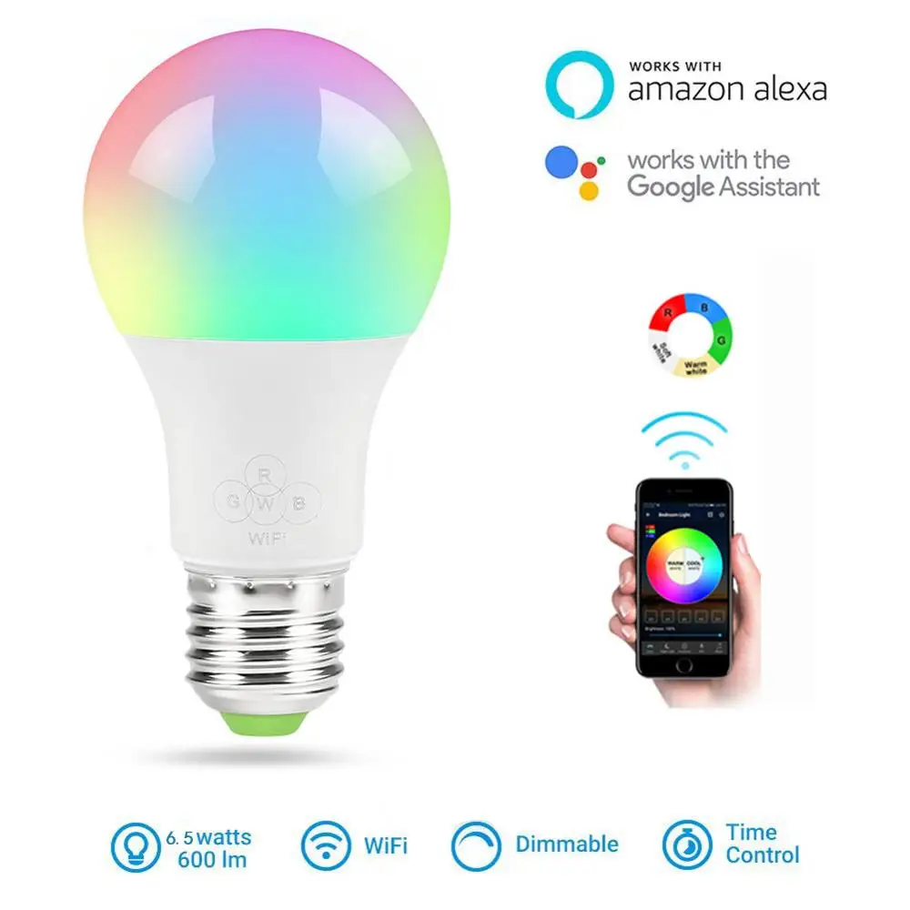 New E27 WiFi Smart Light Bulb Dimmable Multicolor Wake-Up Lights RGBWW LED Lamp Compatible with Alexa and Google Assistant BTZ1
