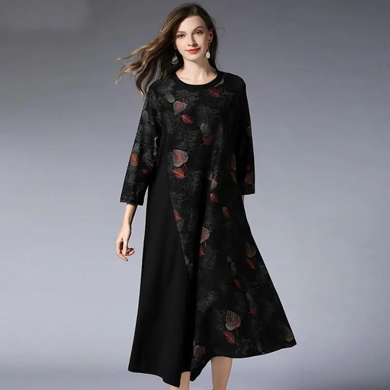 

Women Plus Size Women Winter Fashion Round Neck Print Stitching Maternity Dress Pregnant Dresses