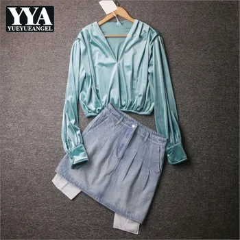 

High Street Womens Spring Summer 2Pcs Sets Long Sleeve V-Neck Elastic Waist Short Velvet T-Shirts Slim Fit A-Line Denim Skirts
