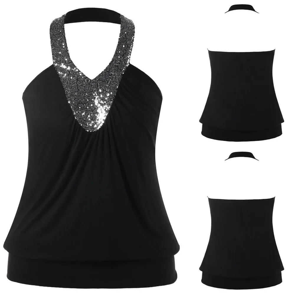 Women Blouse Fashion Casual Halter Sequins Open Back Backless Tank Top Sleeveless Vest Sequin Lace Vest Streetwear