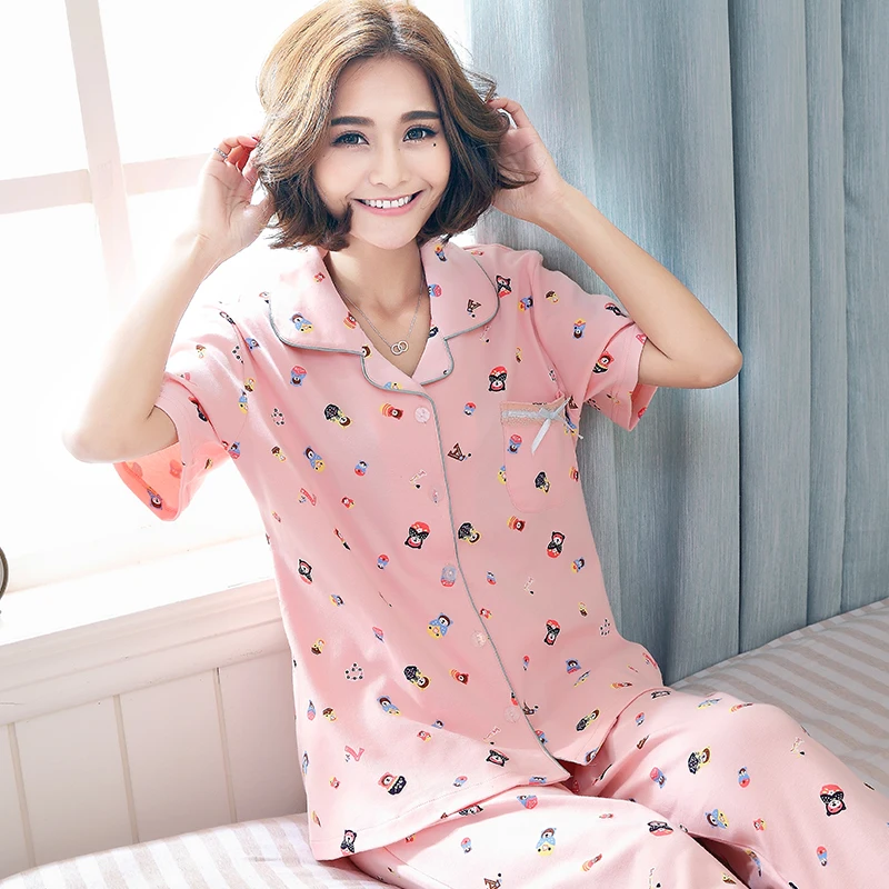 

Summer Animal Cartoon Women Sleep Pajamas Sets Turn-Down Collar Short Sleeve Top And Pants Casual Style Home Clothes XXXL