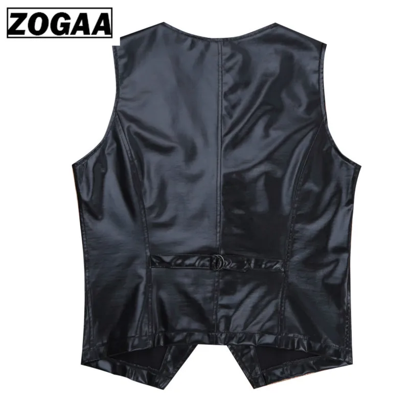 ZOGGA 3 Color Soft Leather Men Vest Tops Snap Buttons Shiny Sexy Waistcoat Jacket Nightclub Party Stage Vest Men Leisure Suits