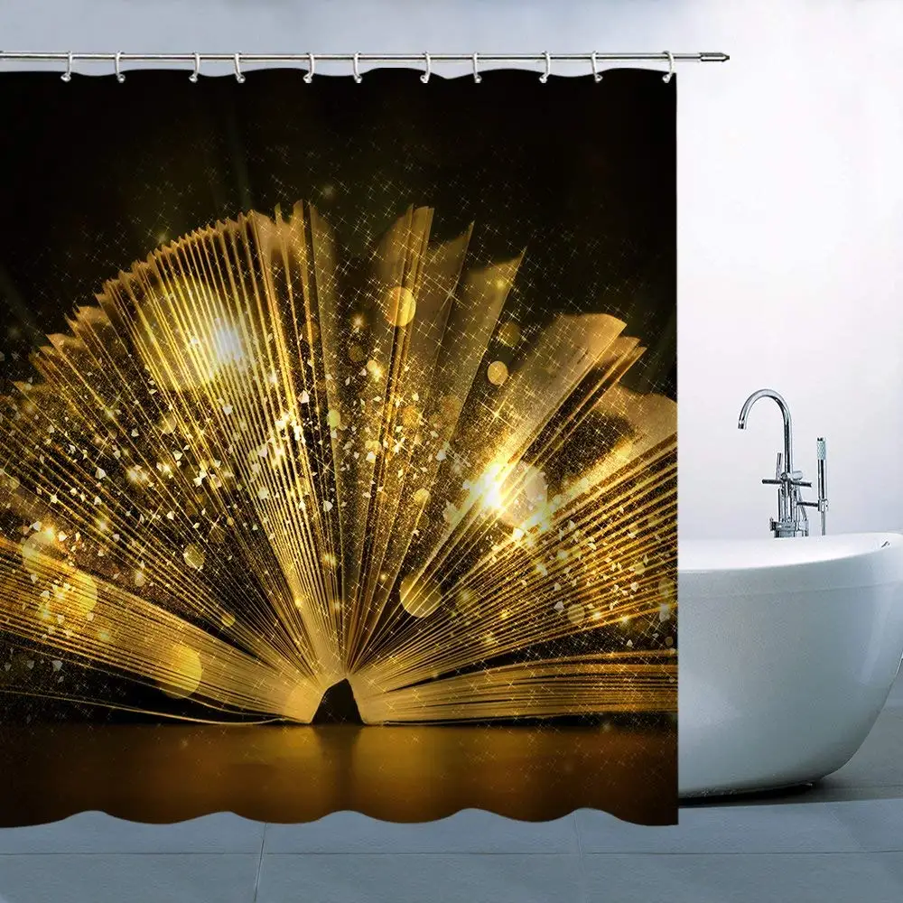 Book Pattern Theme Shower Curtain Golden Open Book Like Slinky Toy