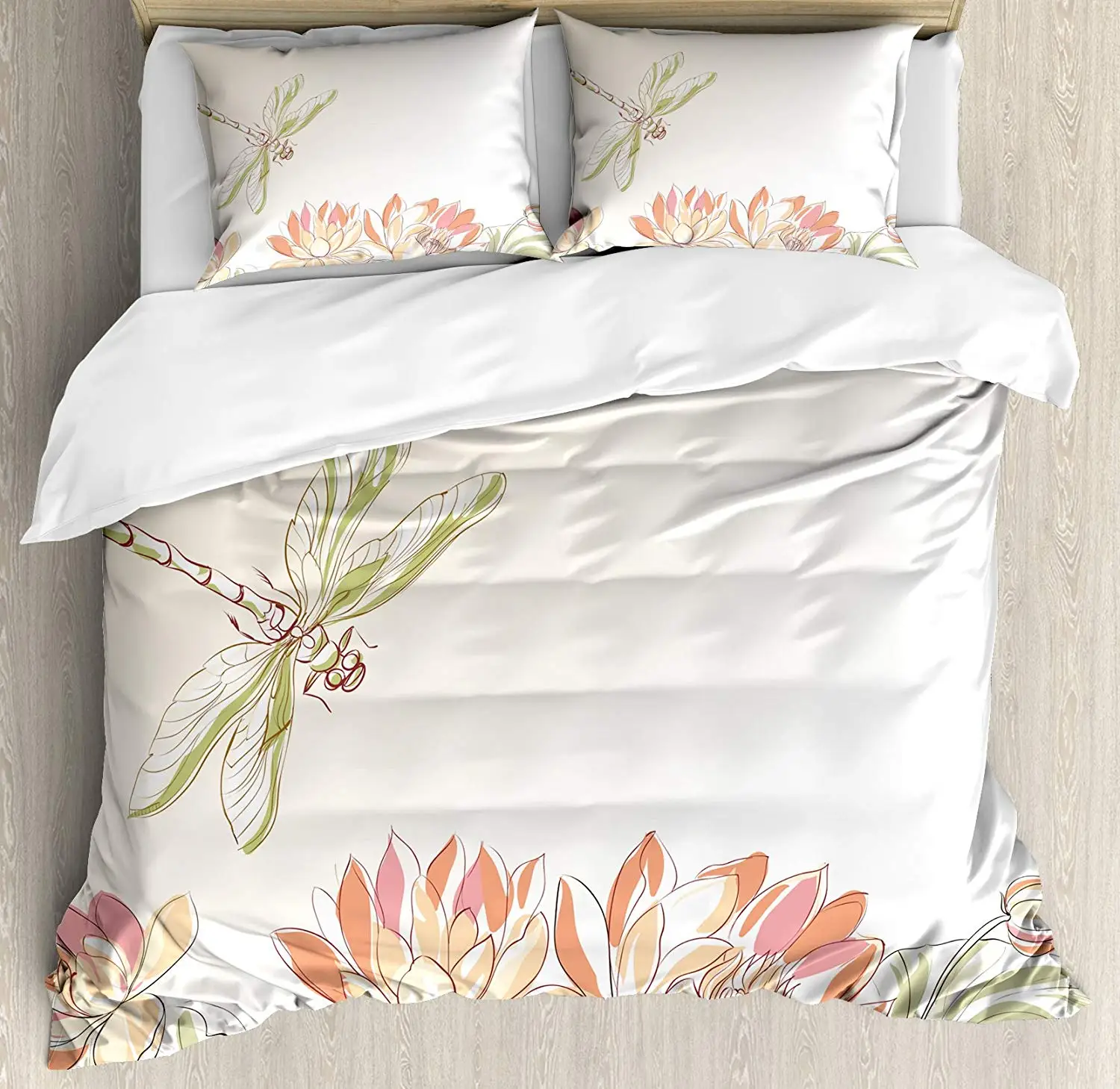 

Dragonfly Duvet Cover Set King Size Lotus Flower Dragonfly Flying Oriental Blooms Artful Print Bedding Set Cream Peach Coral