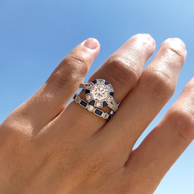 

2018 New Fashion Blue Stone Zircon Rings Set for Women Girls Euramerican Female Simple Geometric Design Engagement Wedding Rings