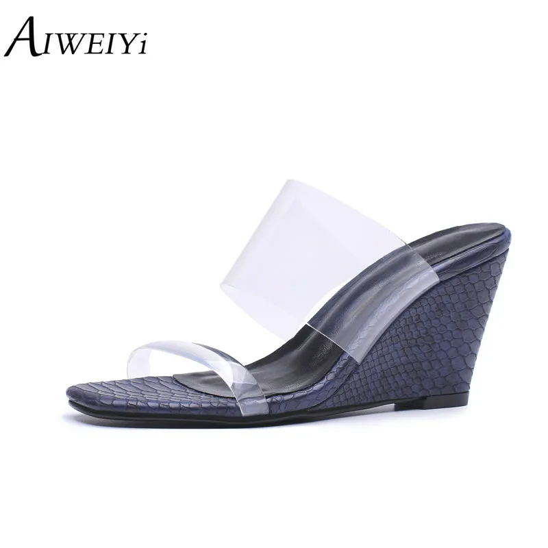 

AIWEIYi 2019 Genuine Leather Women Sandals Transparent PVC Slip On High Heel Shoes Blue Gold Slingback High Heels Slides Sandals