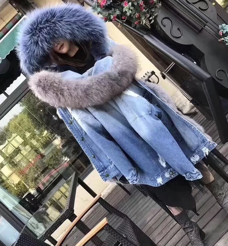 2017 New Fashion Natural Fox Fur Collar Hooded Denim Jacket Real Fox ...