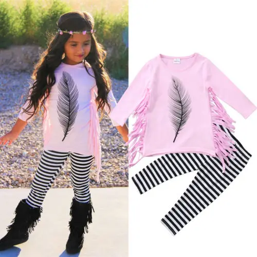 Tassel Girl Top T-Shirts Long Sleeve Striped Pants Kids Baby Girls Clothes Sets Cotton Cute Outfits Clothing Set Toddler