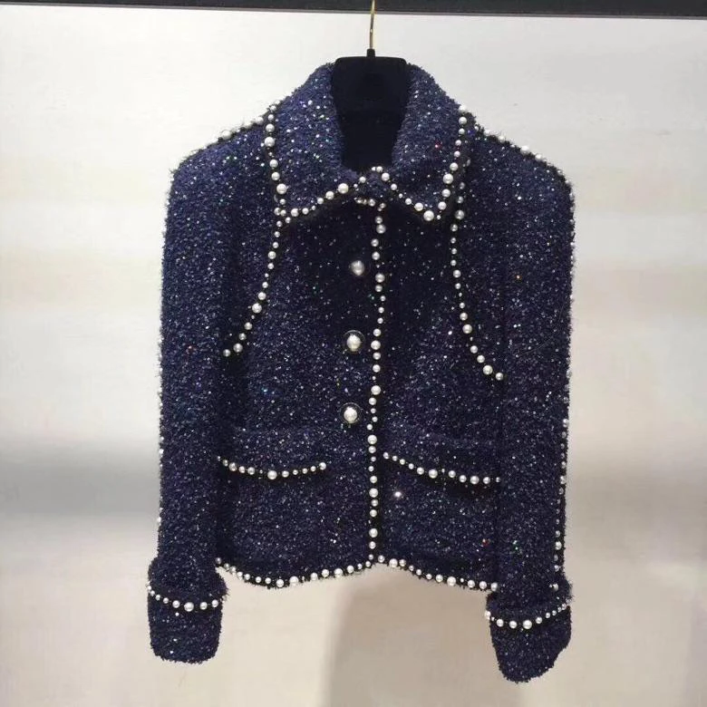 

2019 new ladies high quality fashion long-sleeved lapel pearl button short coat 0723