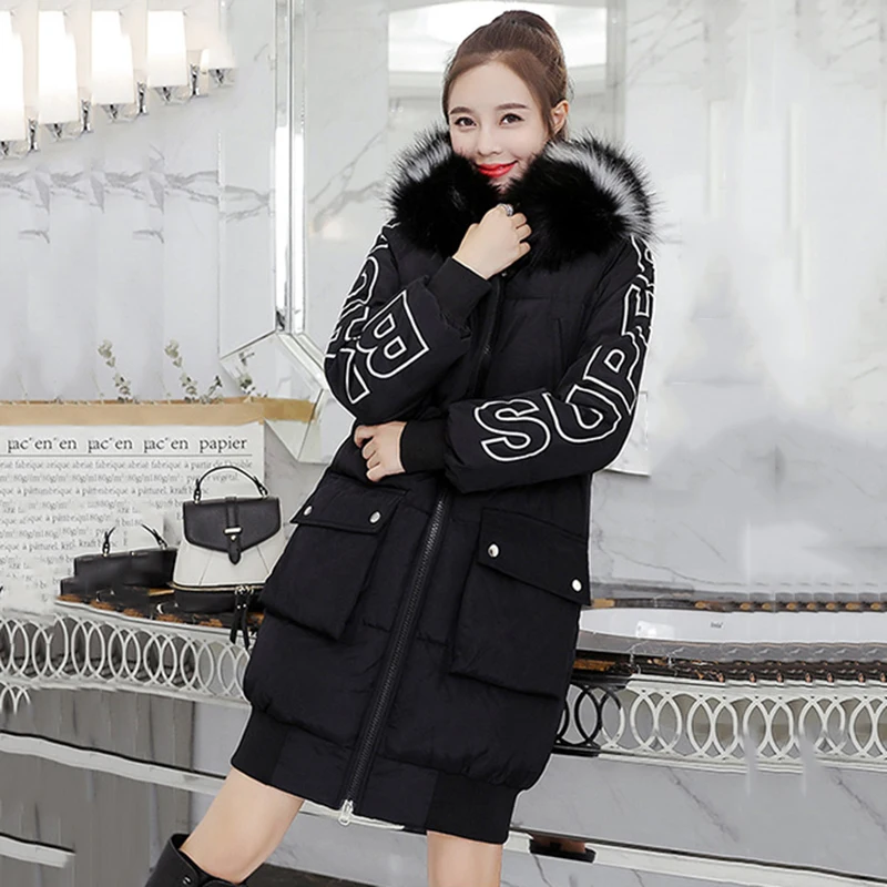 Nouveau De Black Hiver L450 Coton 2018 Survêtement Parka Lâche Fourrure Femmes Long Dames Chaud Casual white Épaissir Col Grande Veste Manteau Femelle Taille 40wwxd