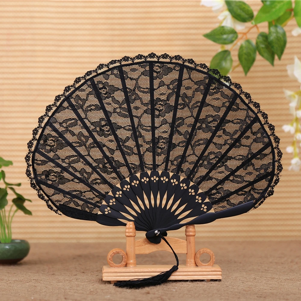 

Free Shipping 5pcs High Quality Fashion Lace Bamboo Fans with Tassel For Gift Dance Fans Flower Party Wedding Prom