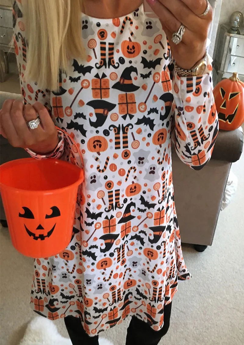 

boho women dress new fashion ladies female womens Halloween pumpkin witch pirnted long sleeve clothing dresses