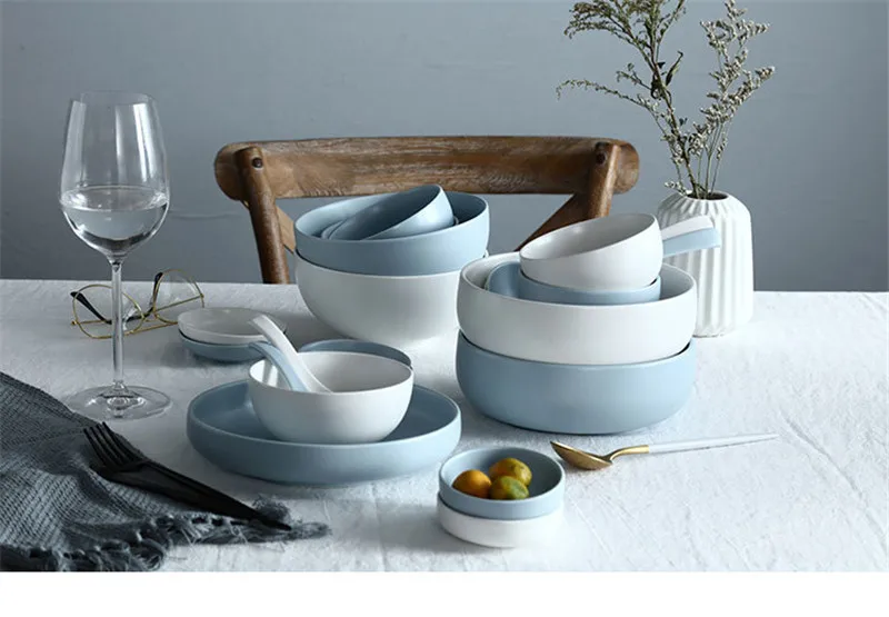 NIMITIME керамическая Скандинавская однотонная белая и синяя миска для риса, тарелка для еды, большой поднос, посуда и тарелки