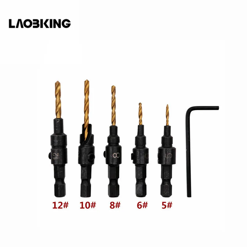 

5pcs Countersink Drill Woodworking Tools Drill Bit Set Hex Shank Drilling Pilot Holes For Screw Sizes #5 #6 #8 #10 #12 DT7
