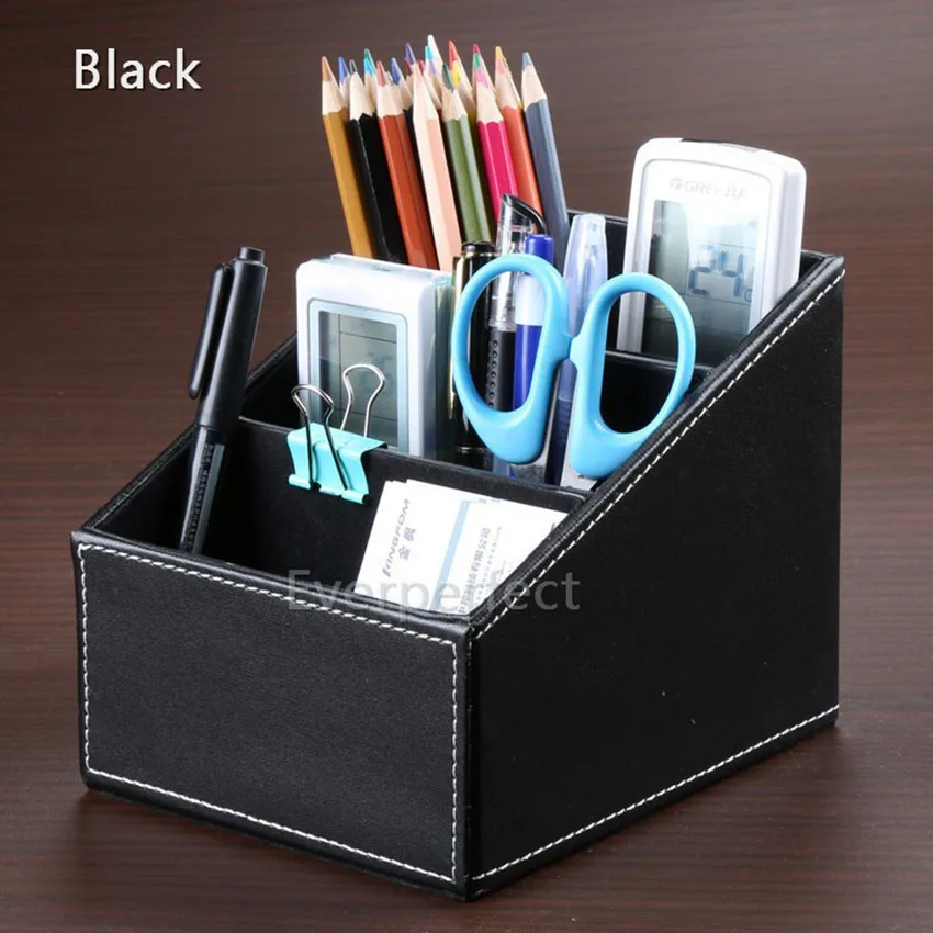 Ever Perfect Slanted Appearance Wood+Leather Desk Organizer Storage Box ...