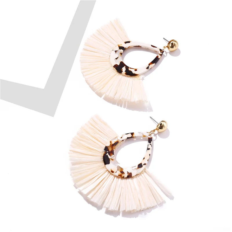

IF YOU Fashion Tortoise Shell Acetate Raffia Straw Tassel Earrings Geometric Big Fringe Statement Earrings for Women Jewelry New