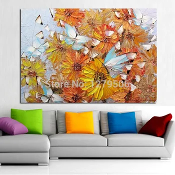 

wall art modern Hand painted knife thick oil painting 3D a bunch of beige flowers home decoration chrysanthemum canvas picture