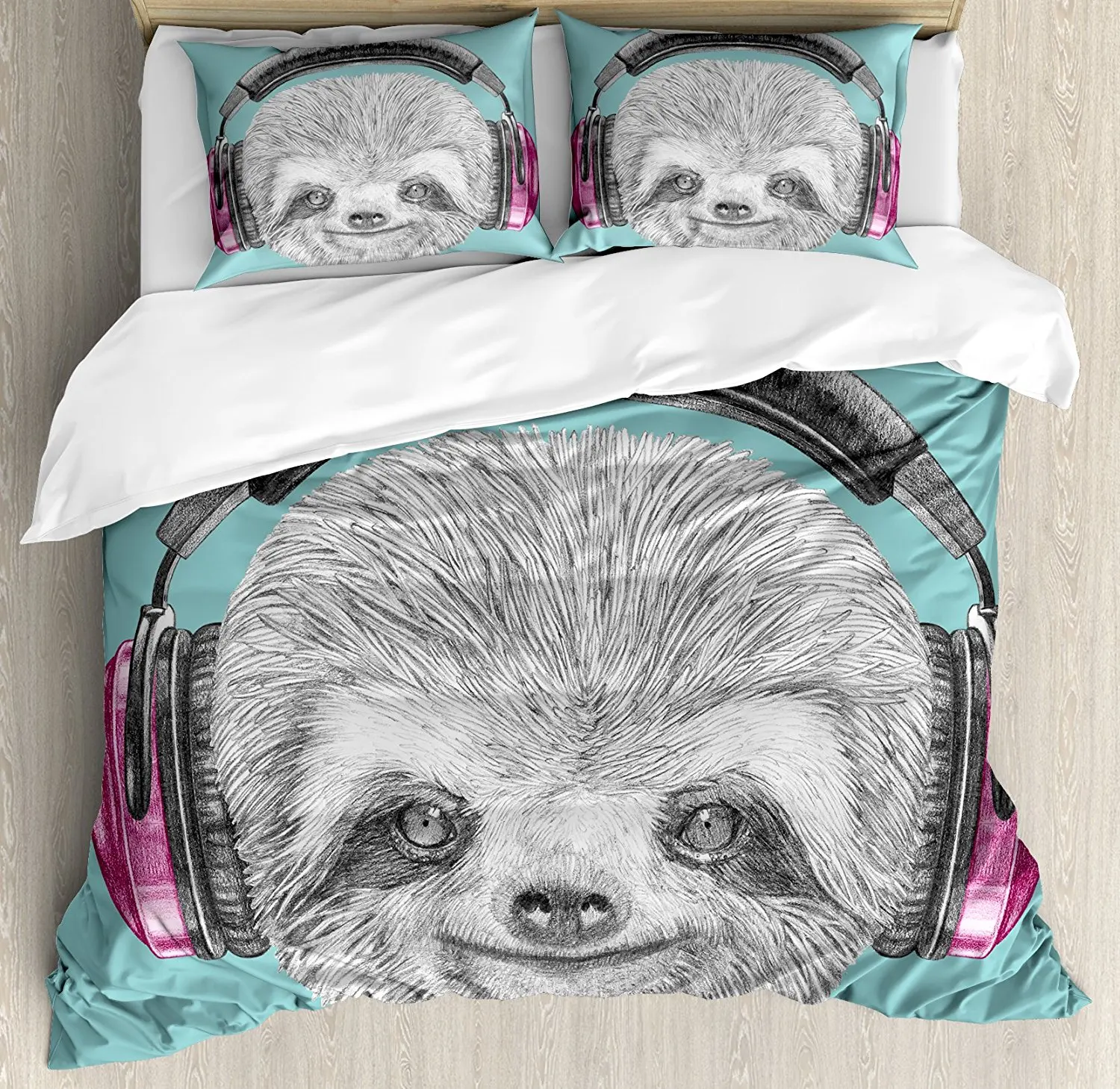 Sloth Duvet Cover Set DJ Sloth Portrait with Headphones Funny Modern