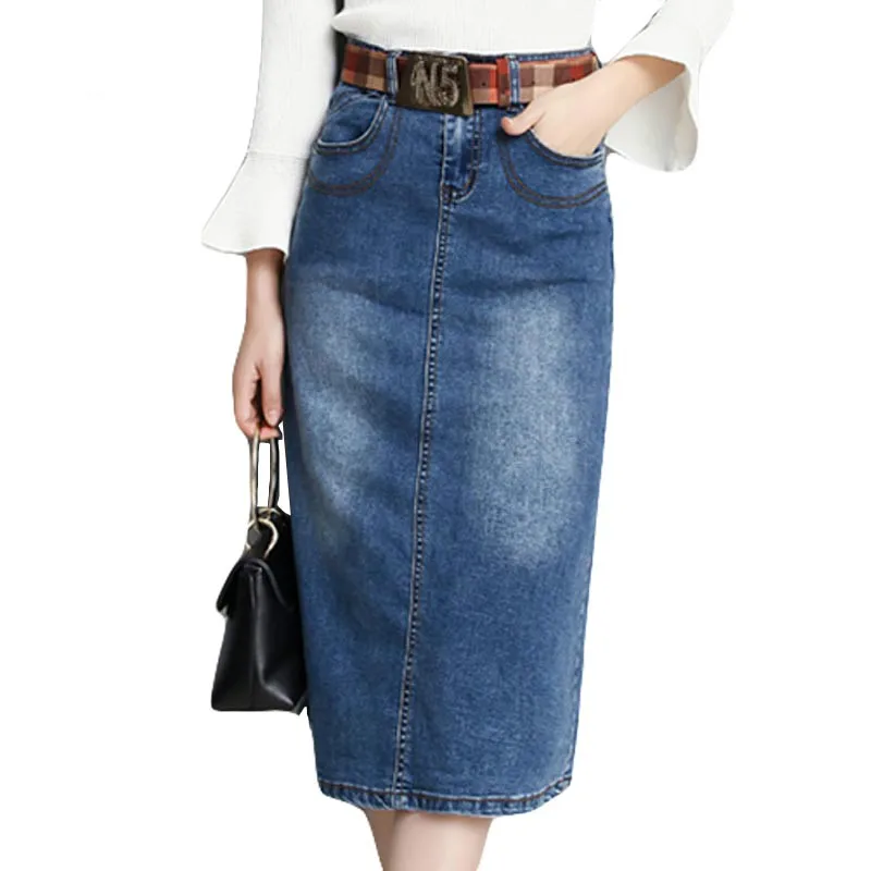 

2018 Women Jeans skinny Skirts Blue Girls High Waist Knee-length Casual Denim Pencil skirt Female saia