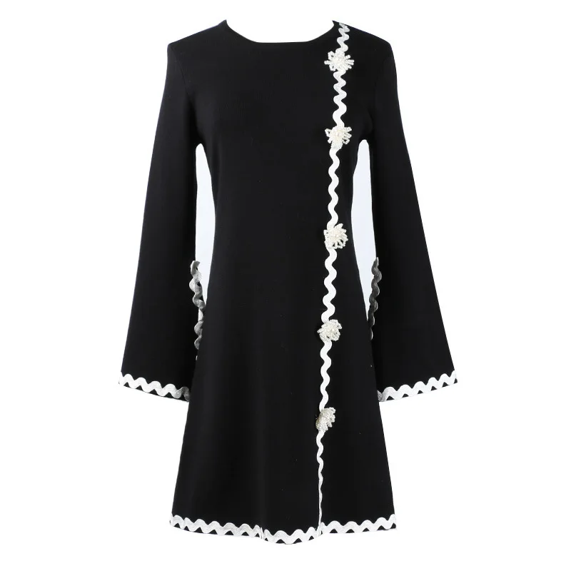 

Spring 2019 New Sleeve Long Sleeve Three-dimensional Flower Button Decoration Mid-long Slim Knitted Dresses in Stock