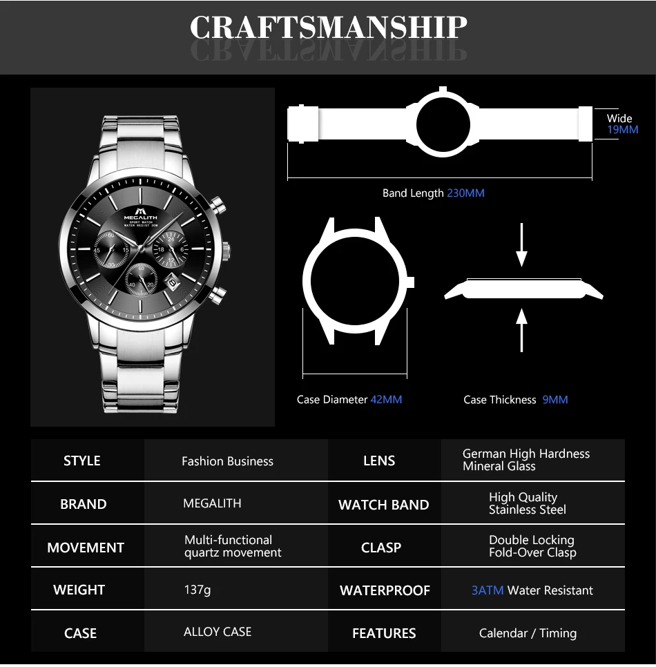 MEGALITH мужские часы Топ бренд Роскошные Кварцевые часы водонепроницаемые аналоговые часы с хронографом для мужчин часы Relogio Masculino