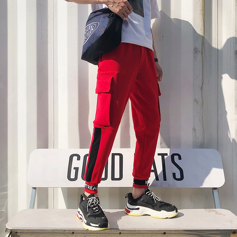 2018 Новый Для мужчин's Bound ноги хлопка Повседневное Штаны брюки Active эластичные шаровары Хип-хоп Свободный Красный/Черный бегунов пот Штаны