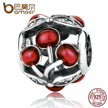 Bamoer 925 plata esterlina de cerezas, brillante Esmalte Rojo y Claro CZ Encantos Cupieron Las Pulseras y Brazaletes Joyería Fina PAS365